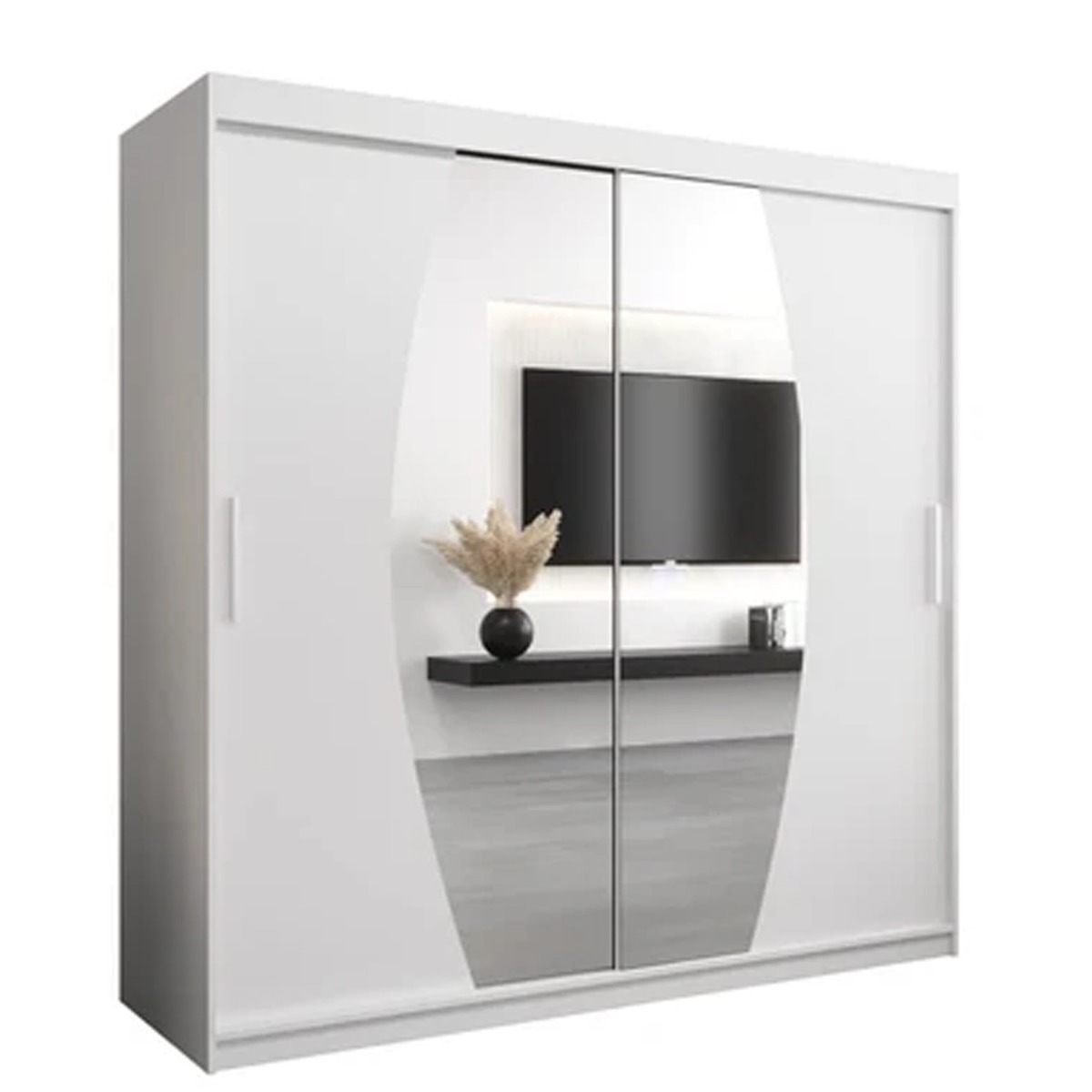 Sliding Wardrobe - WRIGHT 2 Door Mirrored Wardrobe White 200cm - Art Nest