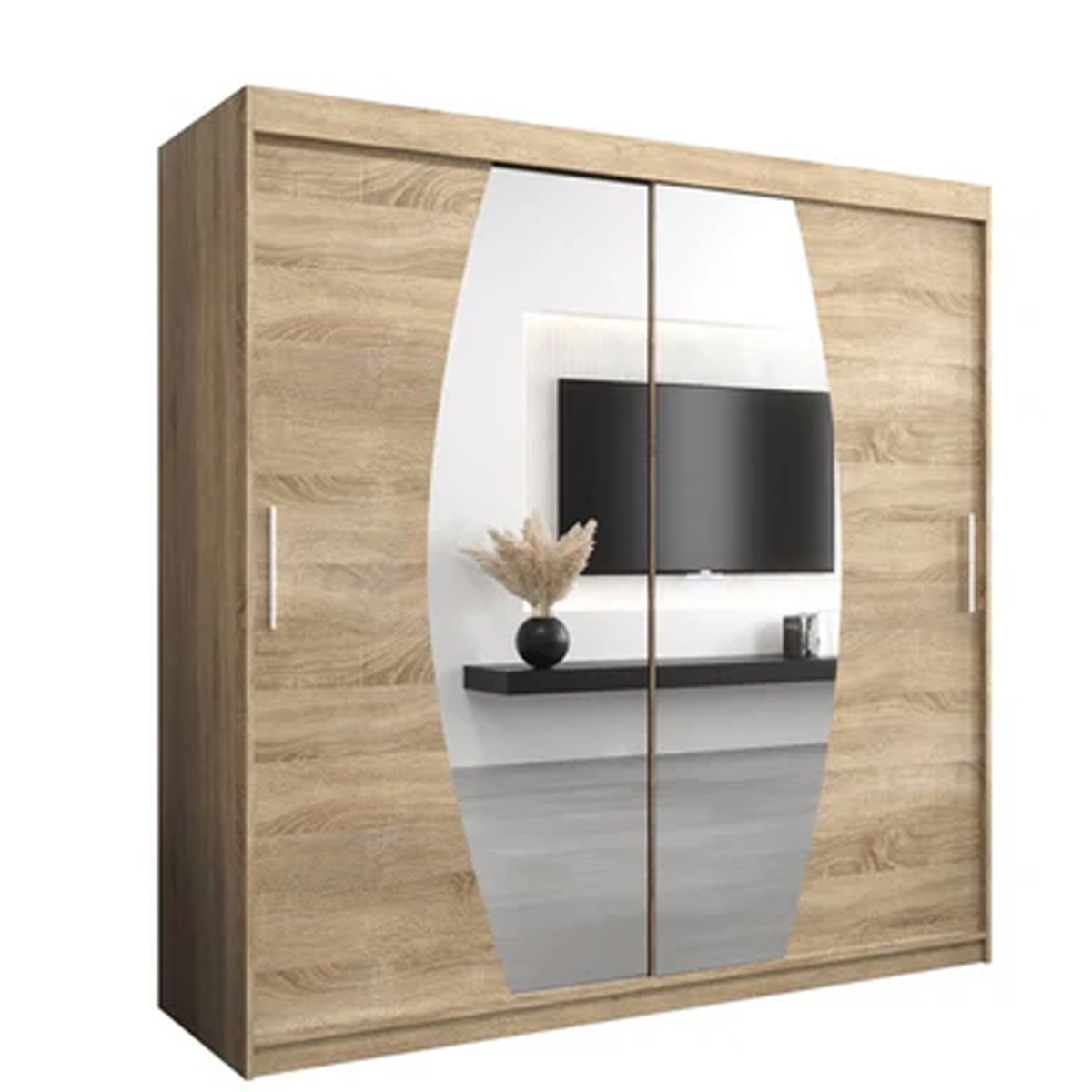 Sliding Wardrobe - WRIGHT 2 Door Mirrored Wardrobe Oak Sonoma 200cm - Art Nest