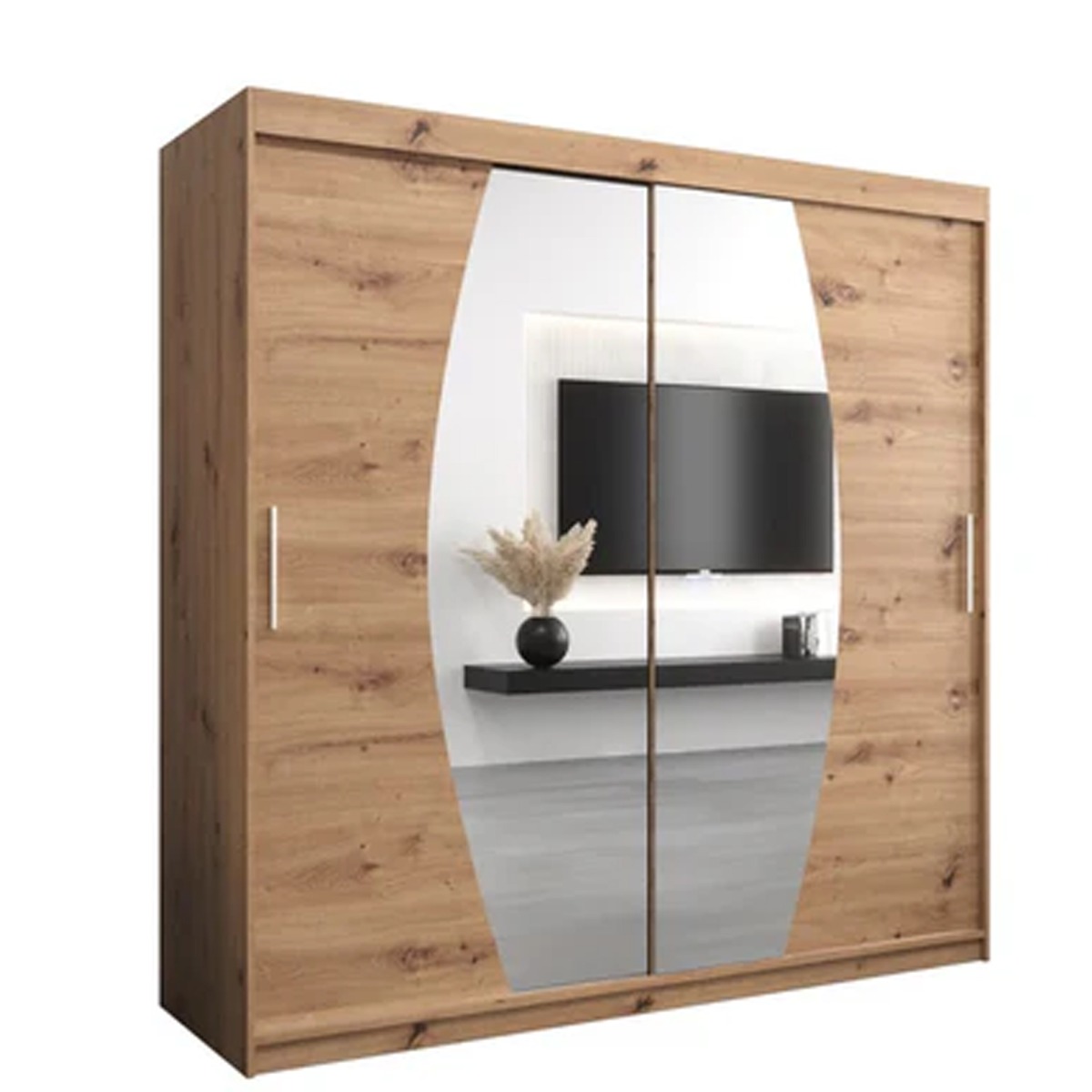 Sliding Wardrobe - WRIGHT 2 Door Mirrored Wardrobe Oak Artisan 200cm - Art Nest