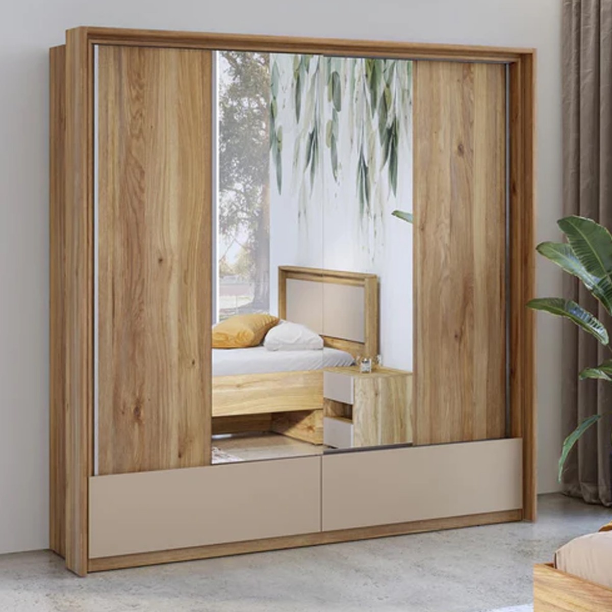 Sliding Wardrobe - INGERSOLL 2 Door Mirrored Wardrobe Oak Mauvella 209cm - Art Nest