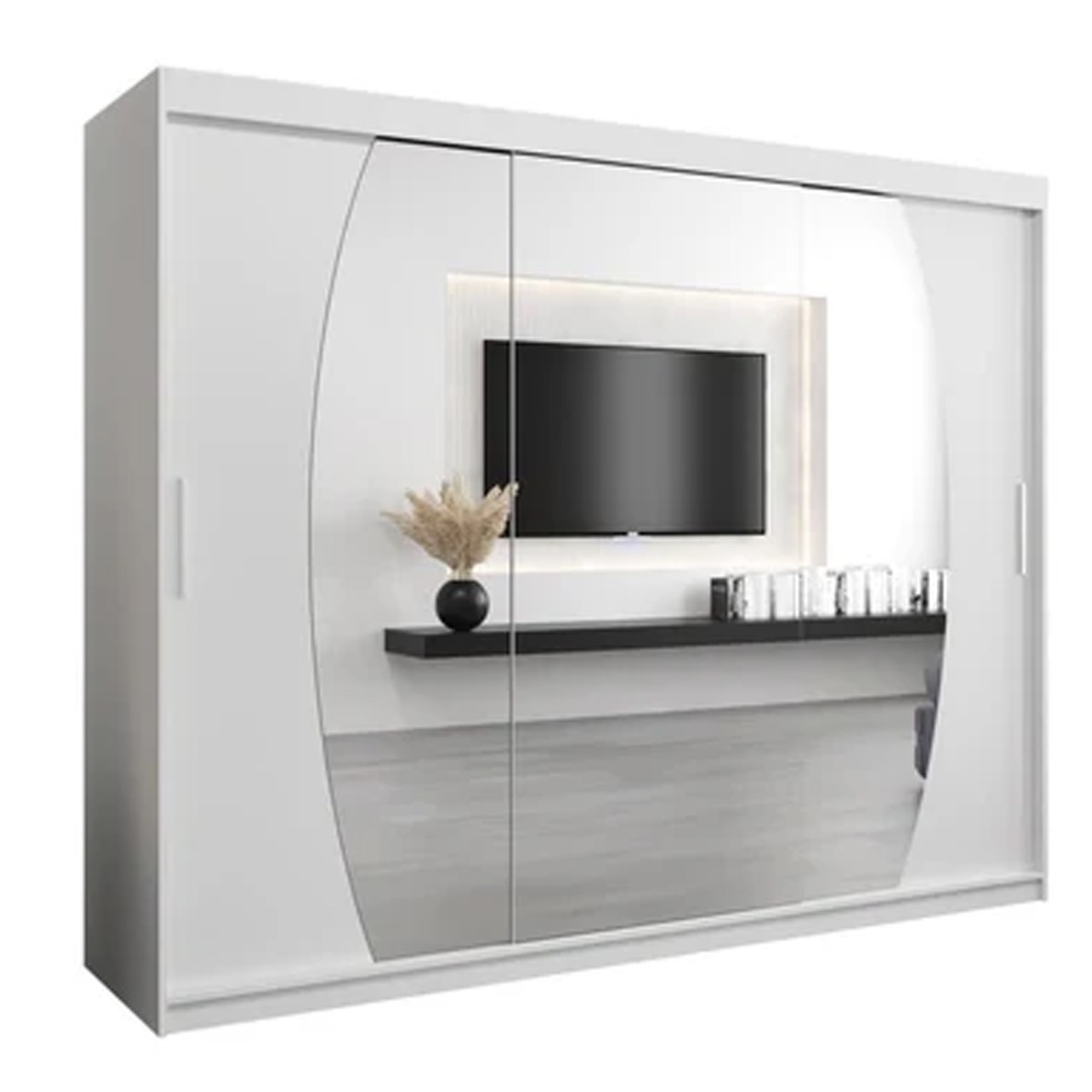 Sliding Wardrobe - WRIGHT 3 Door Mirrored Wardrobe White 250cm - Art Nest