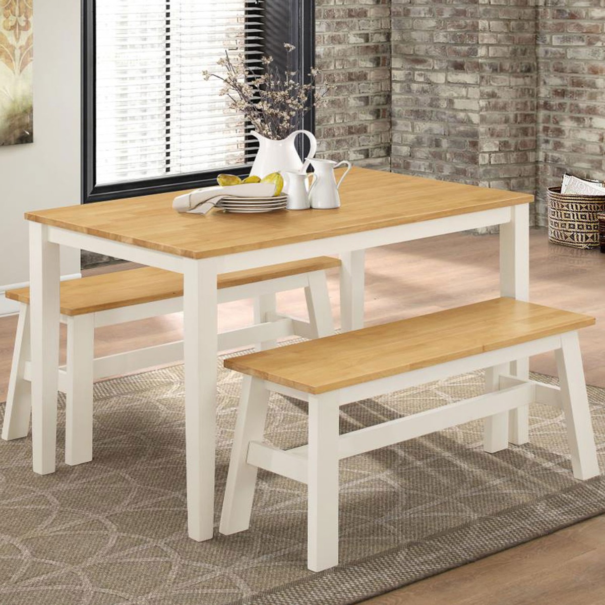 Delfina Dining Set with 2 Benches - Nat Oak and White - Sigrid Mills