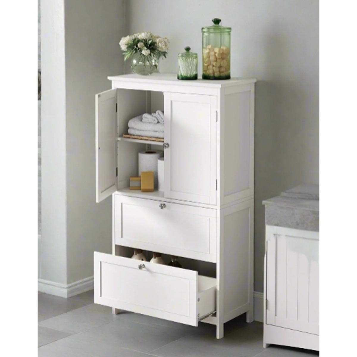 ZEPHRON Bathroom Cabinet Tall Storage Cupboard with 2 Doors, 2 Drawers and Adjustable Shelf - White - The Urban Forge