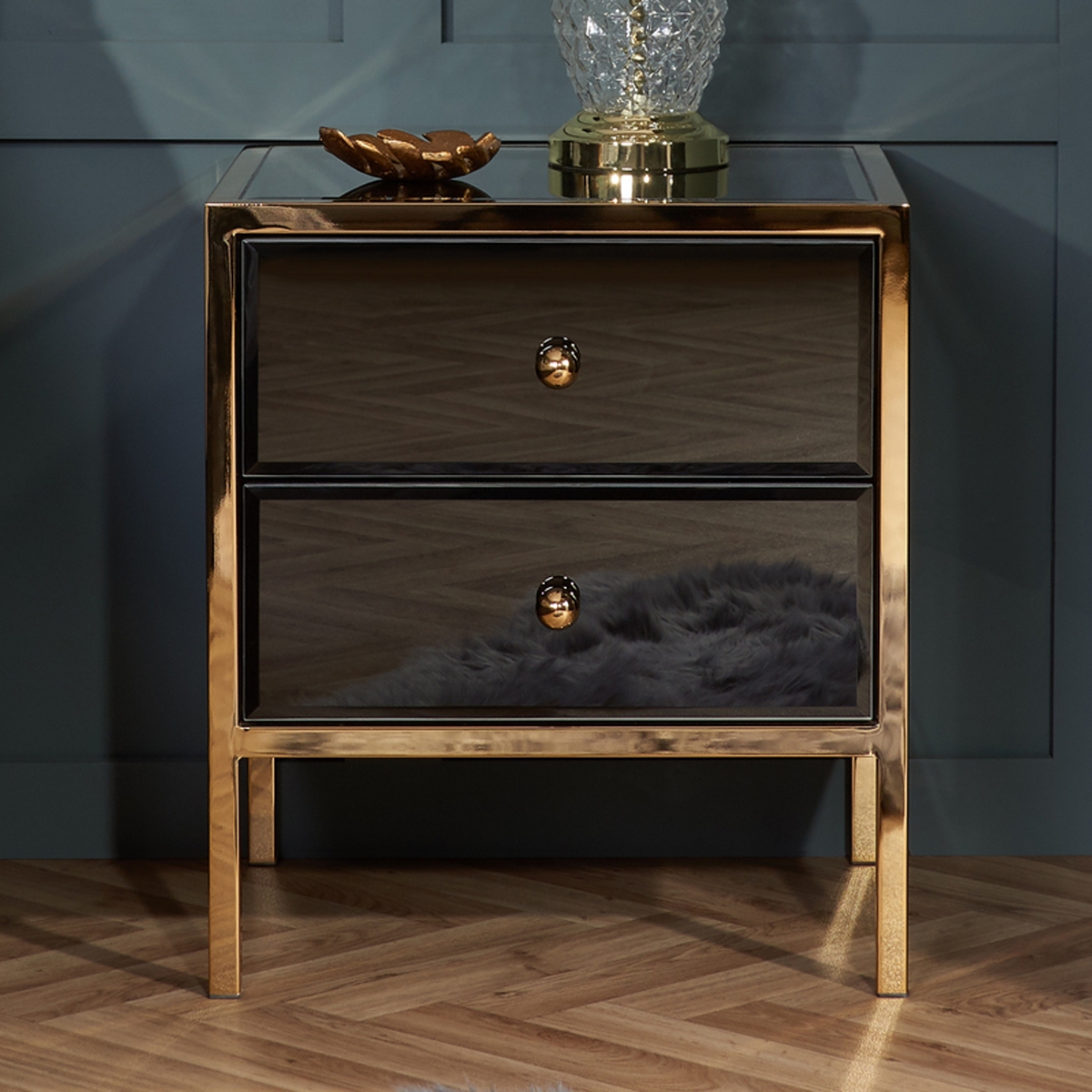 Bedside Table - BIRLEA 2 Drawer Nightstand Black and Gold 44cm - Birlea Essentials