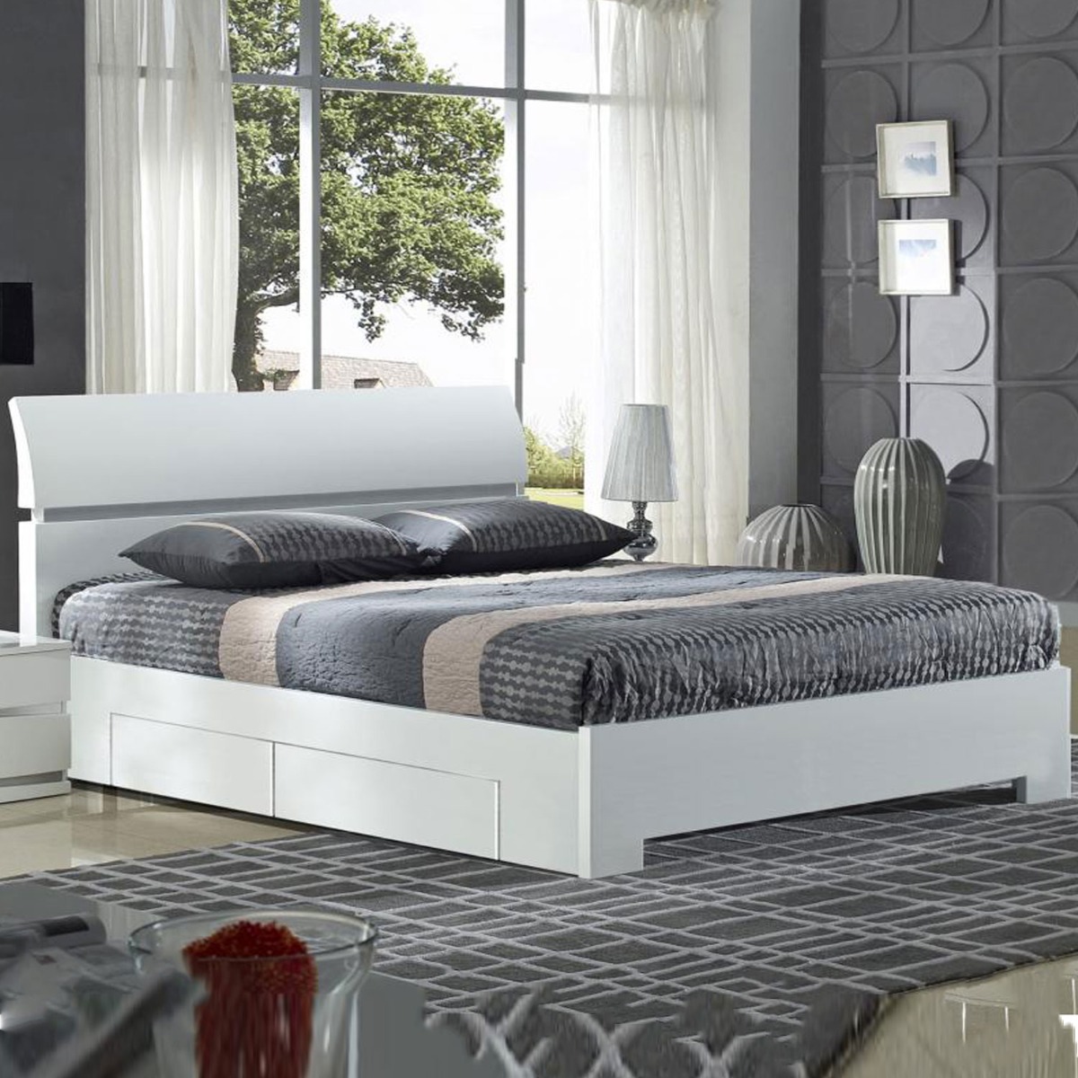 Spawn High Gloss King Size Bed with 4 Drawers - White - Sigrid Mills