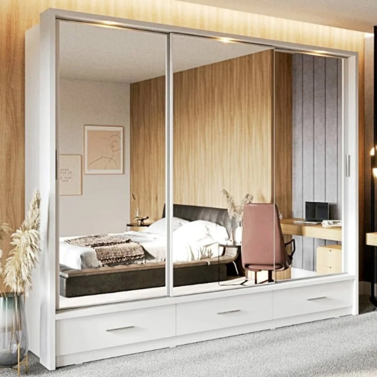 Sliding Wardrobe - IRVINE 3 Door Mirrored Wardrobe White Matt 250cm - Art Nest