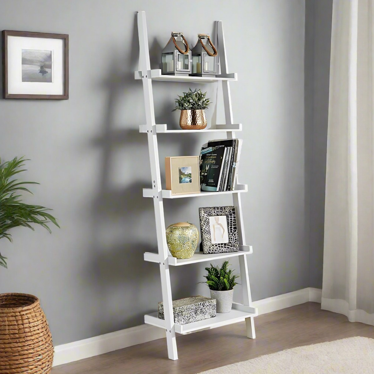 PRISTANE Ladder Shelf 5-Tier Leaning Storage Bookcase - White - The Urban Forge