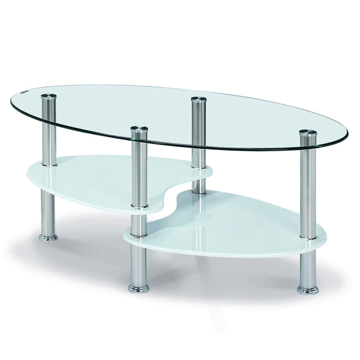 Matlock Oval Glass Coffee Table with Stylish Shelving in Stainless Steel Frame - White - Sigrid Mills