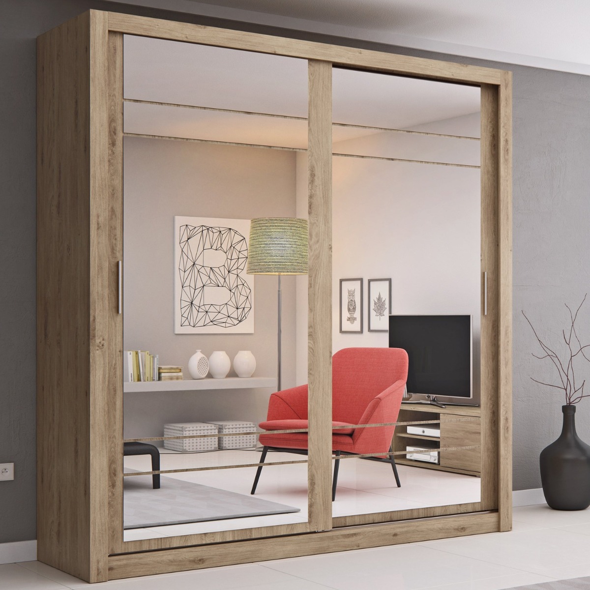 Sliding Wardrobe - IRVINE 2 Door Mirrored Wardrobe Oak 203cm - Art Nest