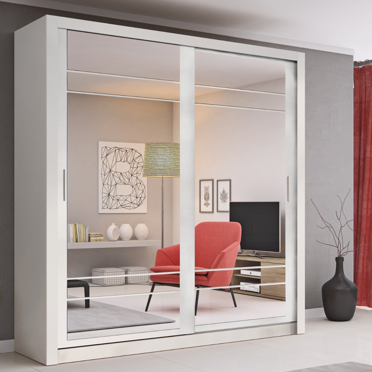 IRVINE 2 Door Mirrored Sliding Wardrobe White Matt - 203cm - Art Nest