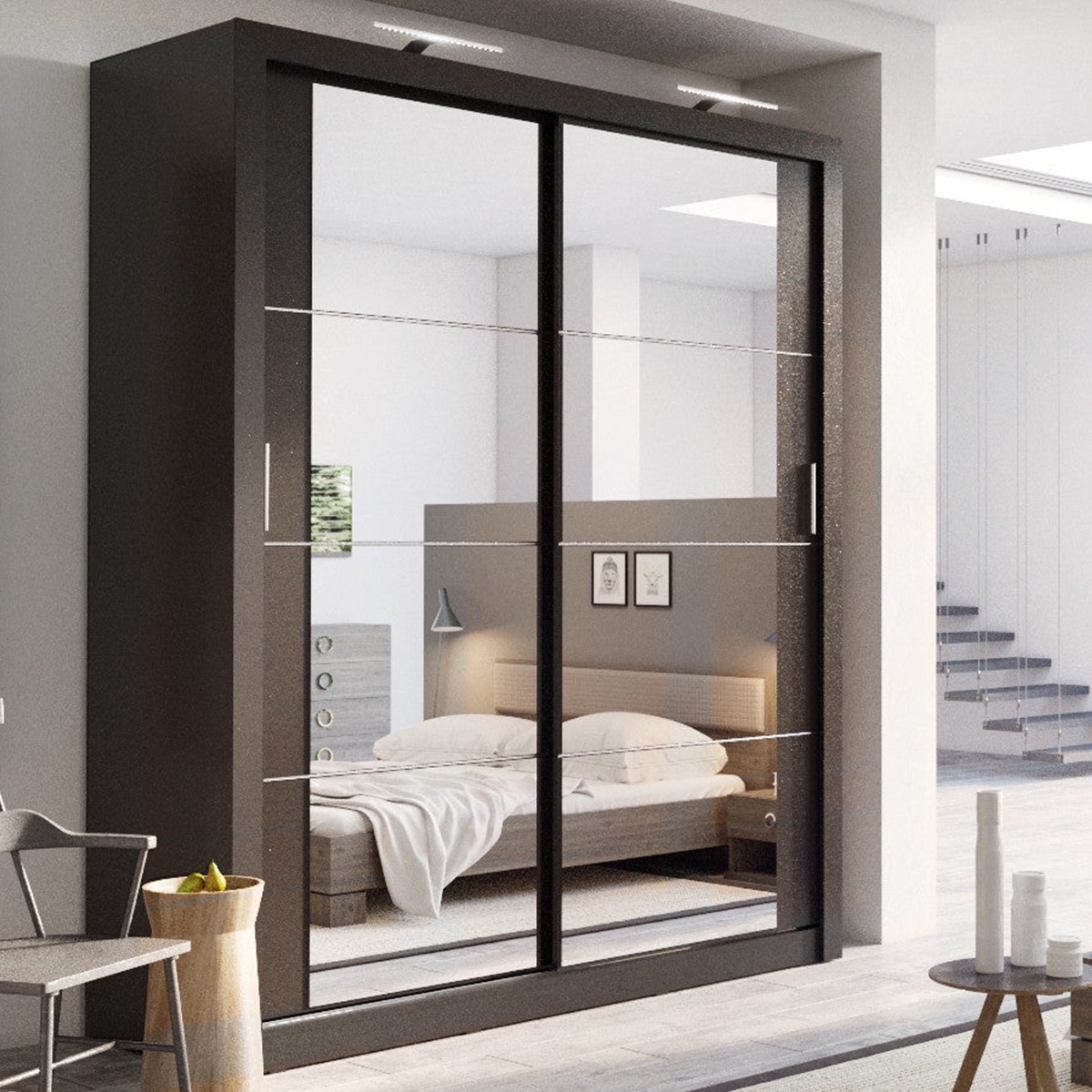 Sliding Wardrobe - IRVINE 2 Door Mirrored Wardrobe Black Matt 181cm - Art Nest