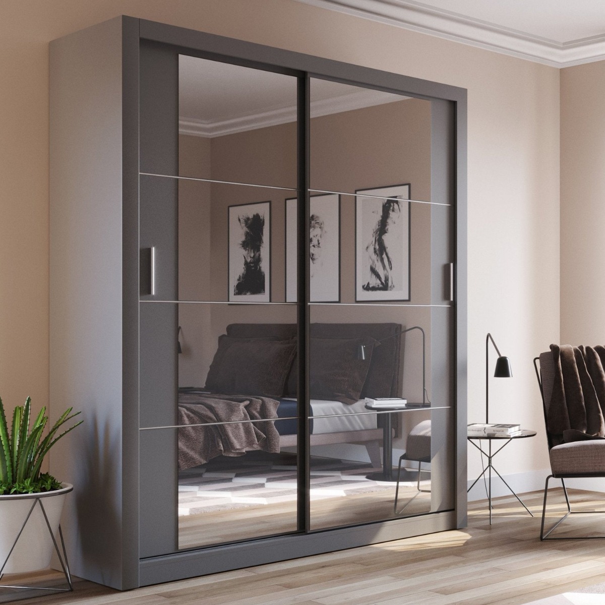 Sliding Wardrobe - IRVINE 2 Door Mirrored Wardrobe Grey Matt 181cm - Art Nest