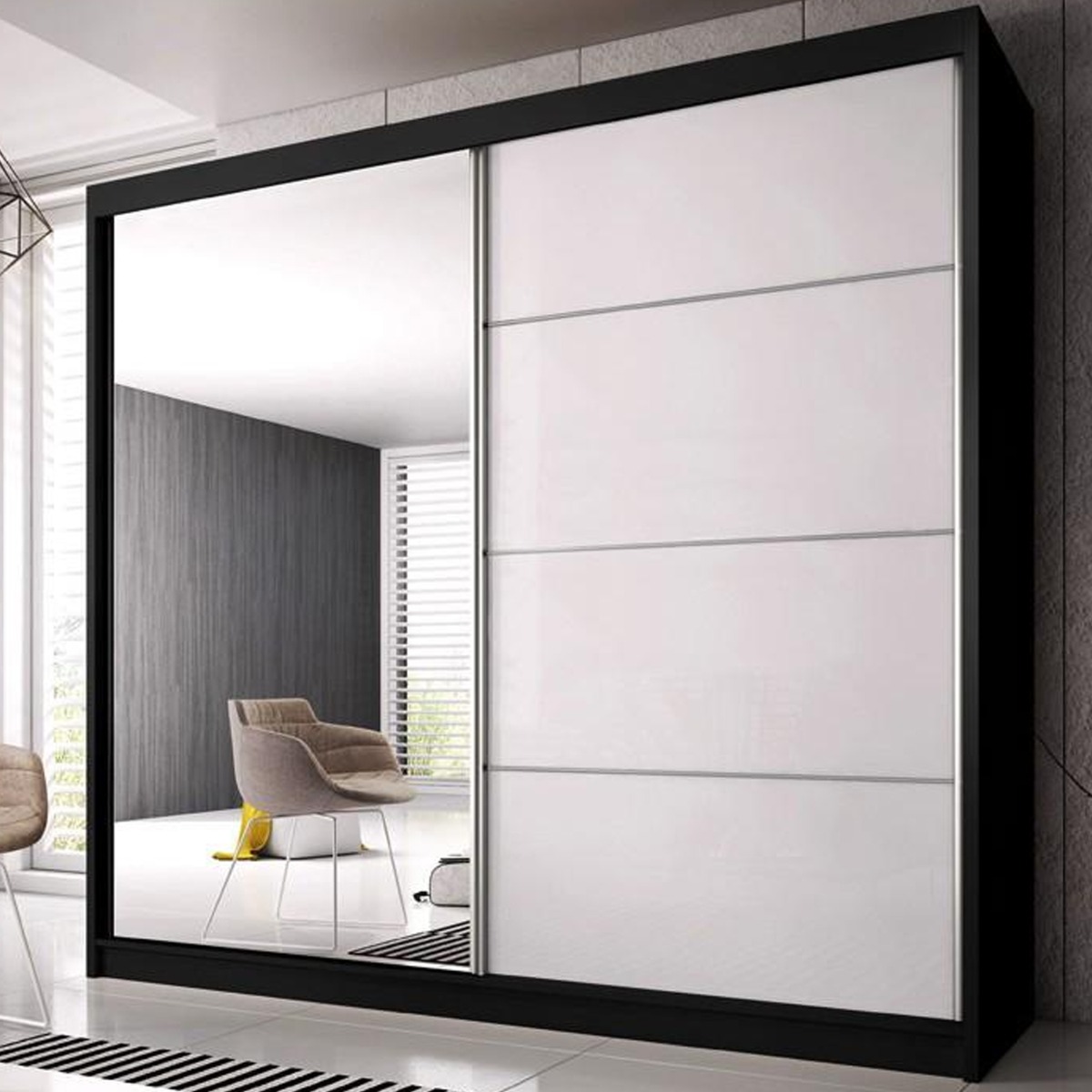 Sliding Wardrobe - MALTA 2 Door Mirrored Wardrobe Black 233cm - Art Nest