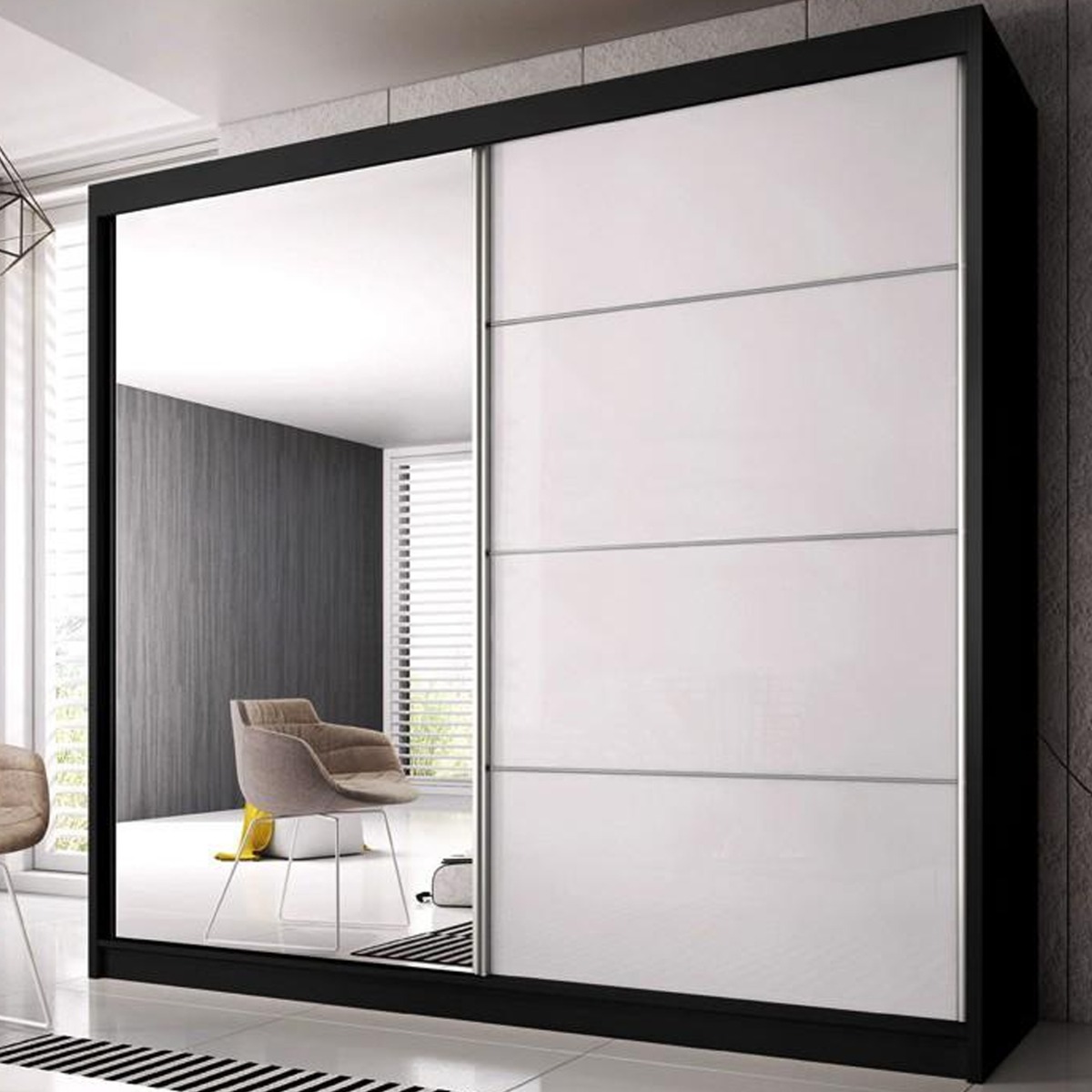 Sliding Wardrobe - MALTA 2 Door Mirrored Wardrobe Black Matt 183cm - Art Nest