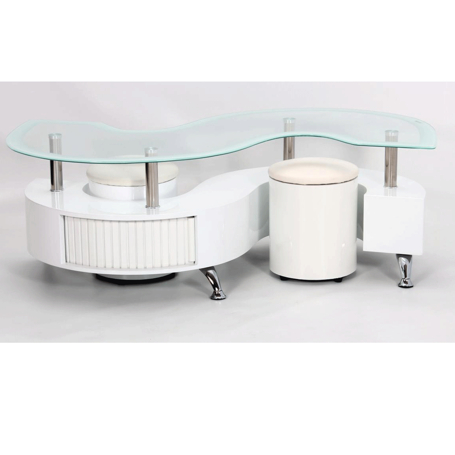 Stoke White Border Coffee Table with Two Stool Set SStylish High Gloss Drawer and Glass Top - Sigrid Mills