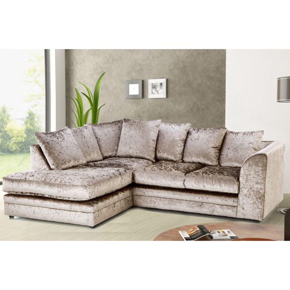 WILLA Crushed Velvet 4 Seater L Shaped - Left Hand Facing Corner Sofa - Mink - Home Done