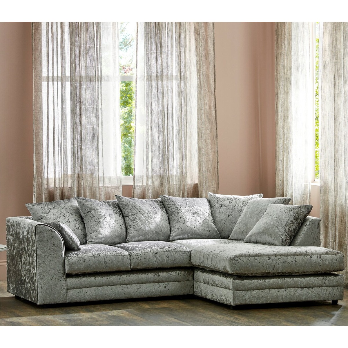 WILLA Crushed Velvet 4 Seater L Shaped - Right Hand Facing Corner Sofa - Silver - Home Done