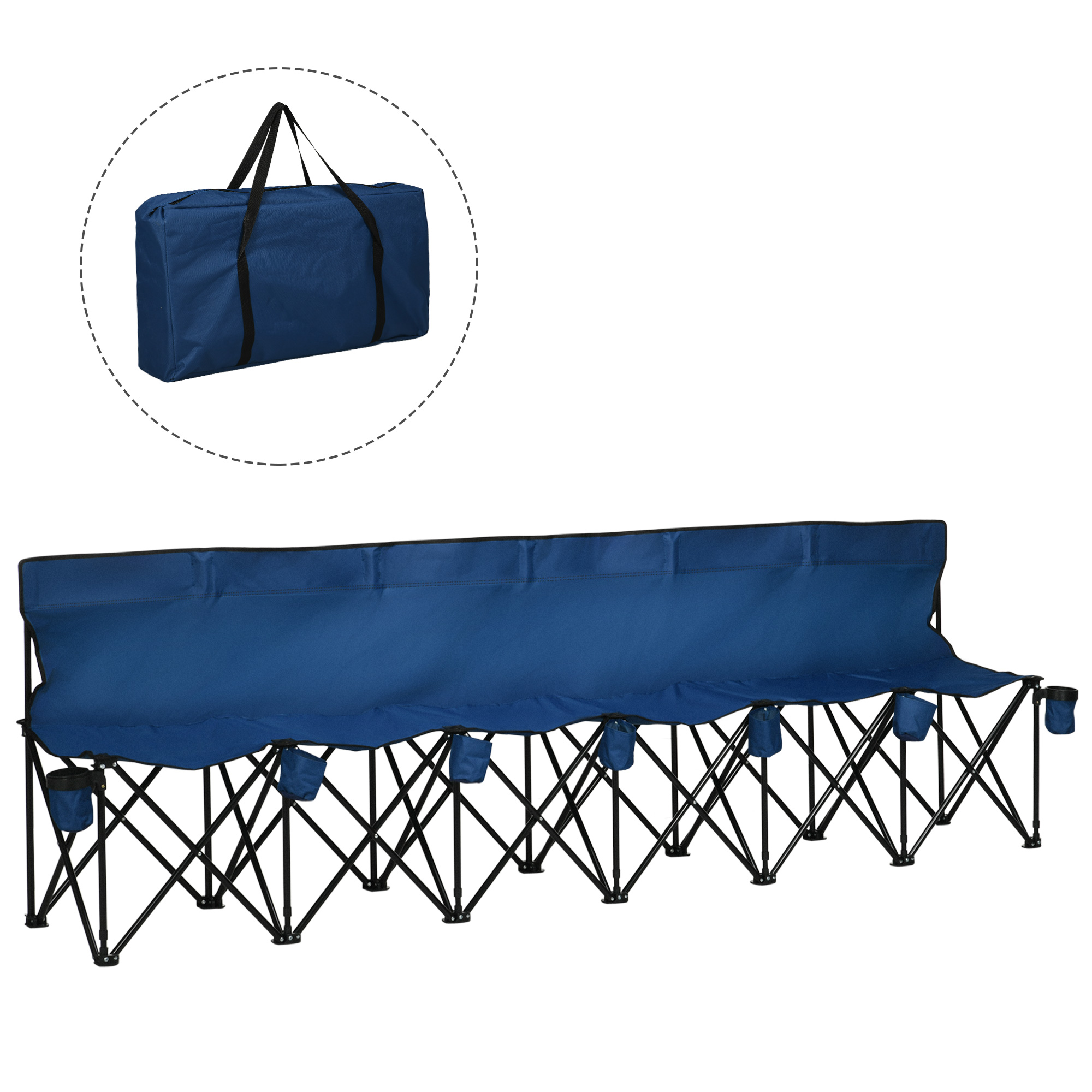 6 Seater Folding Sports Bench Outdoor Picnic Camping Portable Spectator Chair Steel Frame w/ Cup Holder & Carry Bag - Blue - Life Essentials