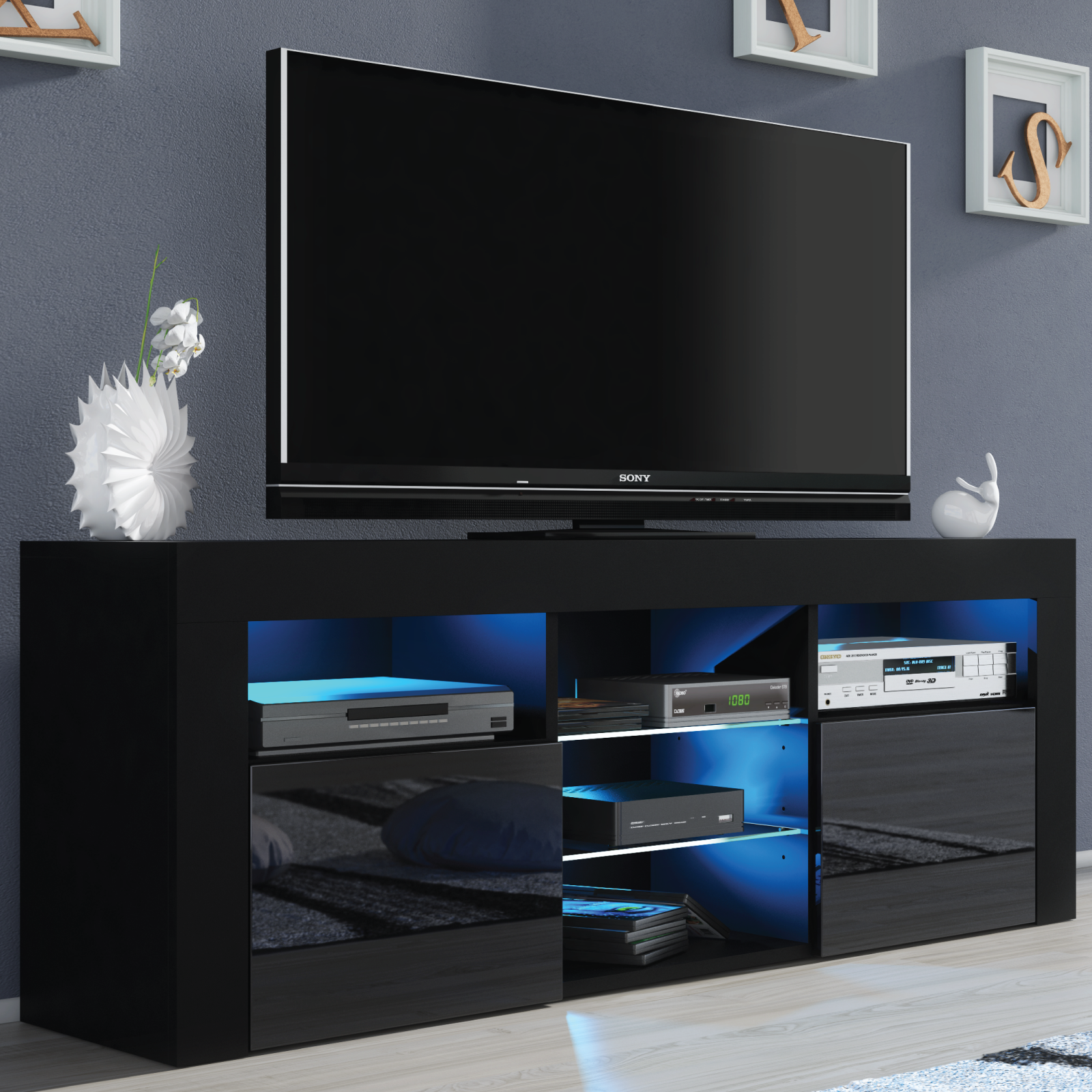 Modern TV Cabinet with Sideboard Storage and Free LED Lighting 145cm - Black - Maximillian Hub