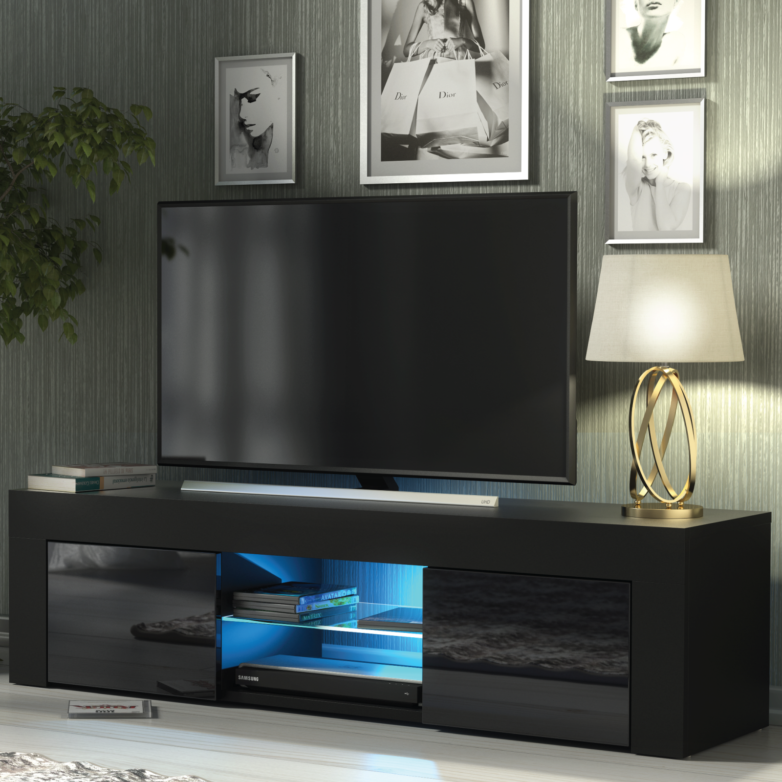 Modern TV Unit Cabinet Sideboard with Free LED Lighting 130cm - Black - Maximillian Hub