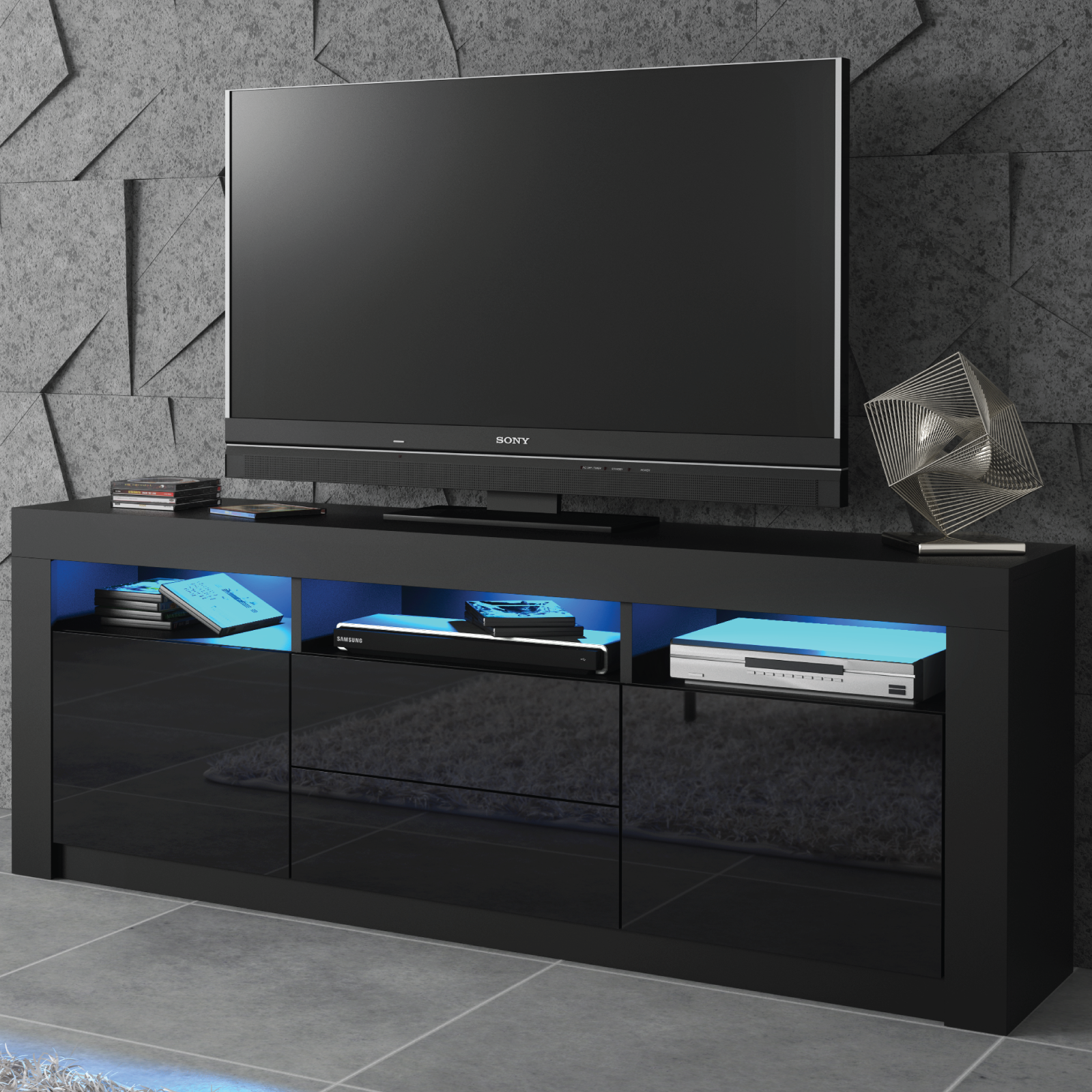 Modern TV Unit with Spacious Storage Cabinet Stand and Free LED Lighting 160cm - Black - Maximillian Hub