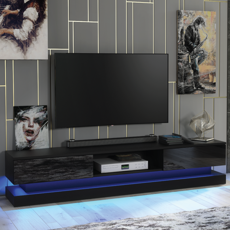 Stylish TV Unit Cabinet Stand with Ample Storage and Free LED Lighting 180cm - Black - Maximillian Hub