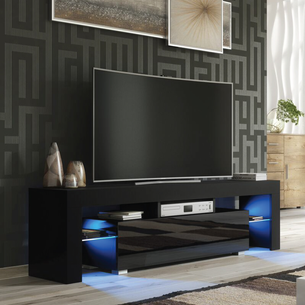Modern TV Unit Cabinet Stand with Gloss Doors Free LED and Ample Storage 160cm - Black - Maximillian Hub