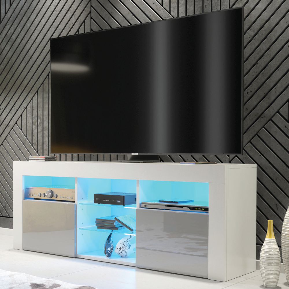 Modern TV Cabinet with Sideboard Storage and Free LED Lighting 145cm - White and Grey - Maximillian Hub