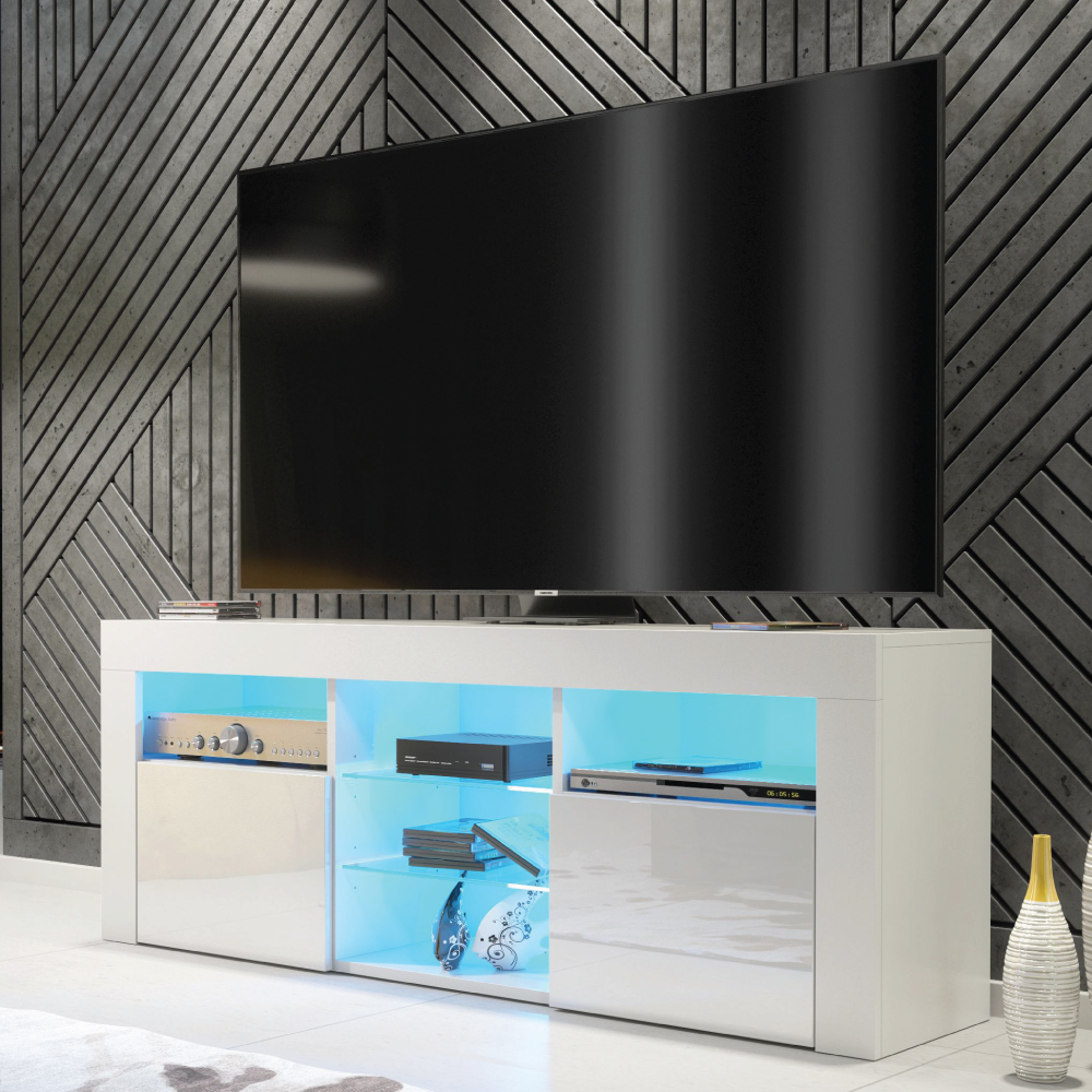 Modern TV Cabinet with Sideboard Storage and Free LED Lighting 145cm - White - Maximillian Hub