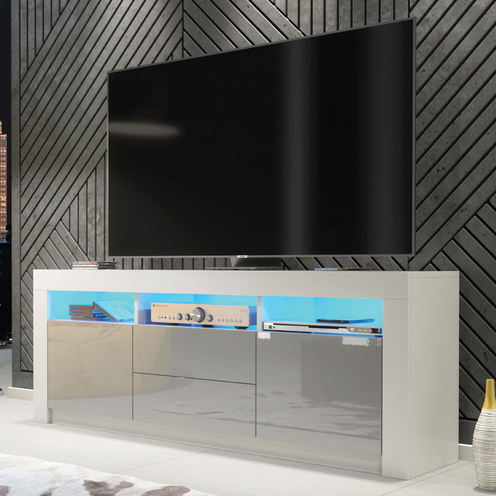 Modern TV Unit with Spacious Storage Cabinet Stand and Free LED Lighting 160cm - White and Grey - Maximillian Hub