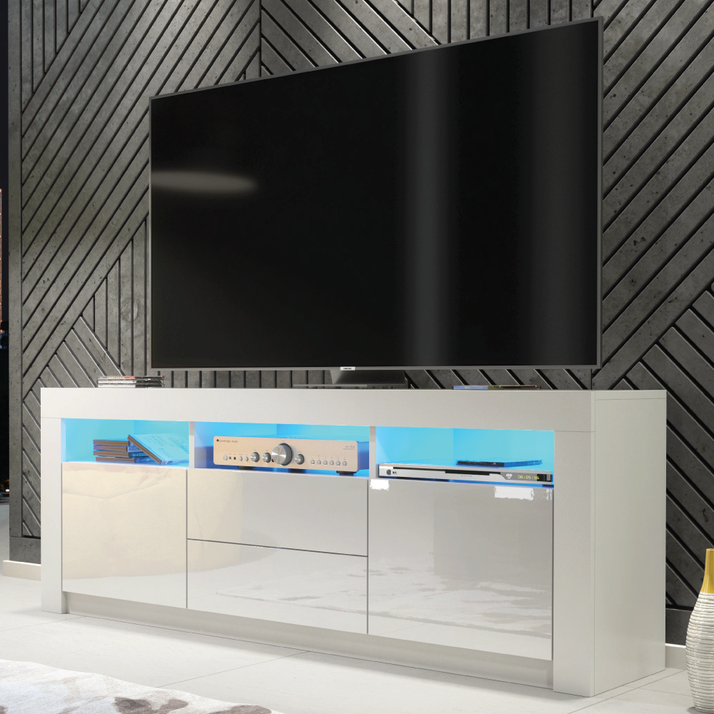 Modern TV Unit with Spacious Storage Cabinet Stand and Free LED Lighting 160cm - White - Maximillian Hub