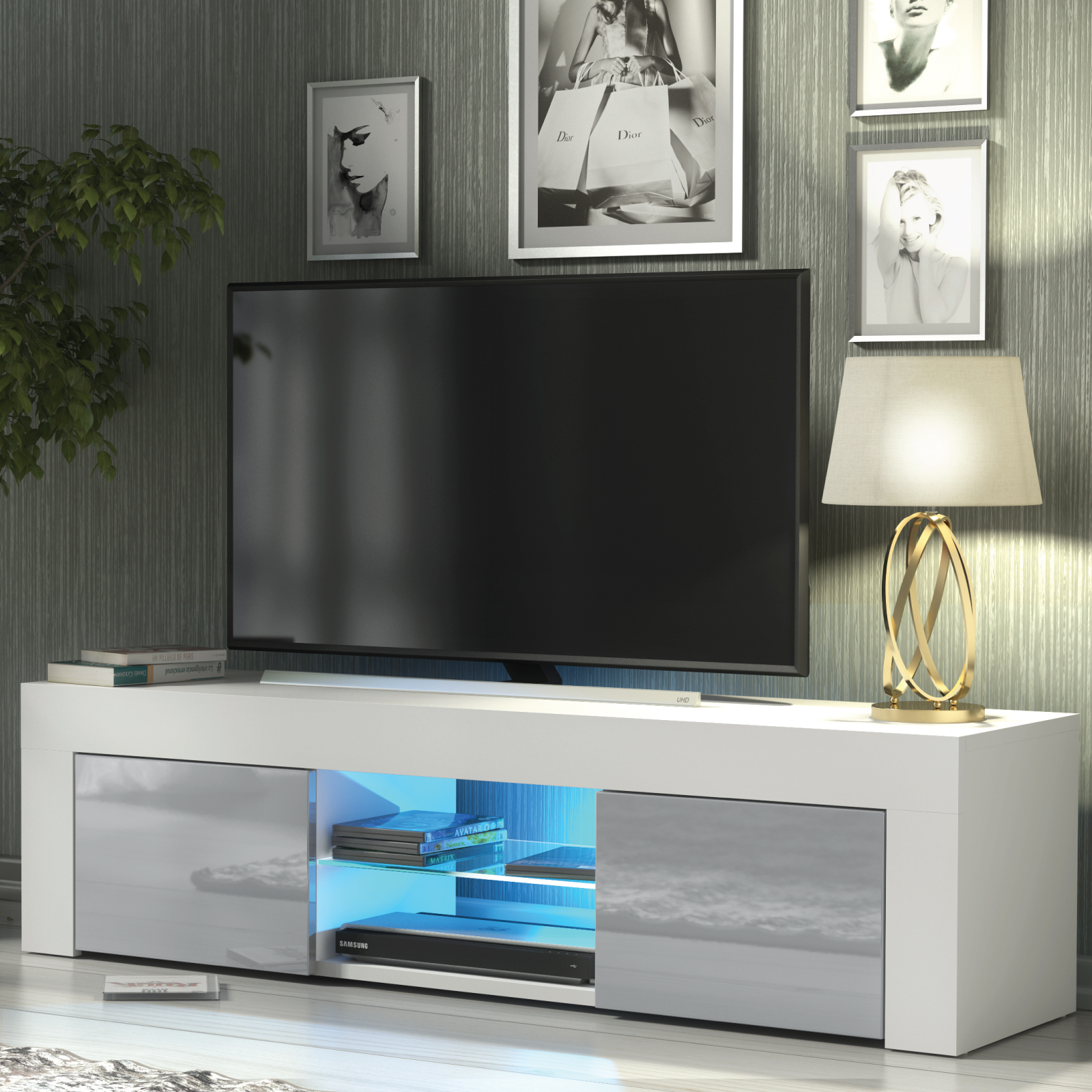 Modern TV Unit Cabinet Sideboard with Free LED Lighting 130cm - White and Grey - Maximillian Hub