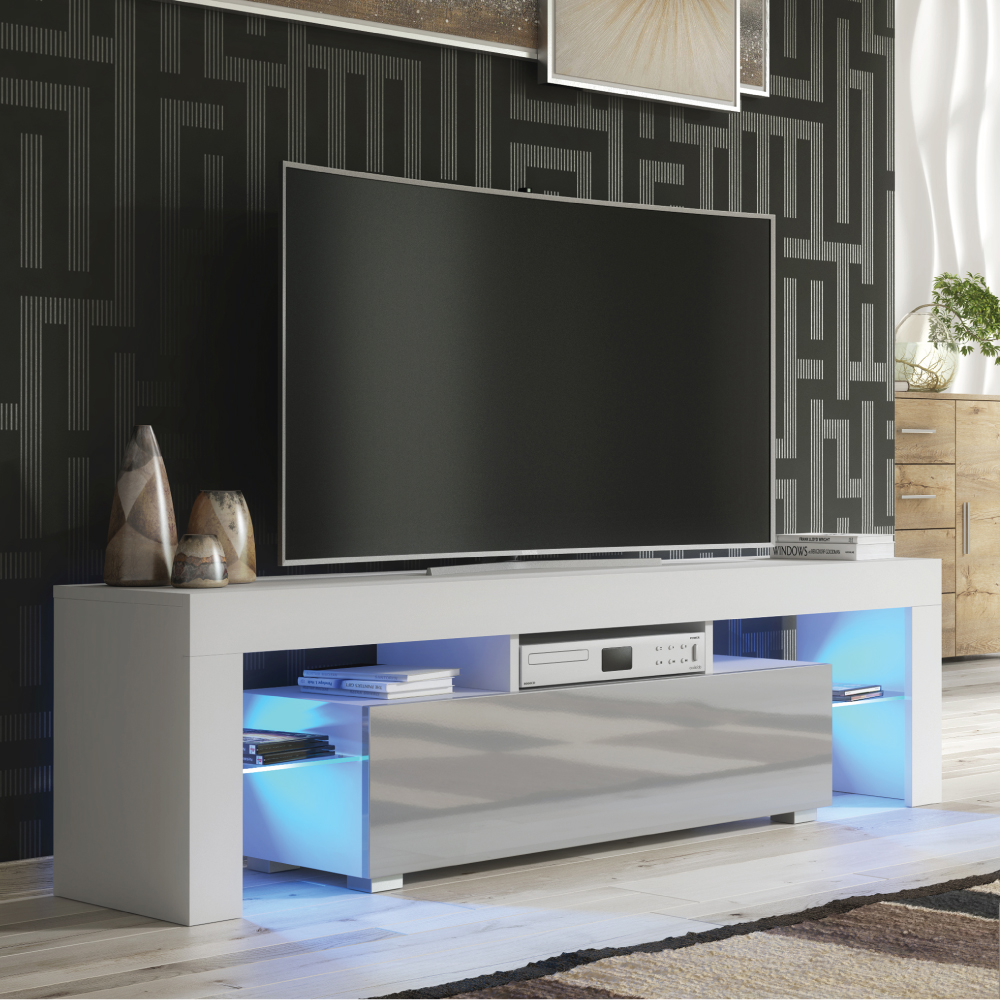 Modern TV Unit Cabinet Stand with Gloss Doors Free LED and Ample Storage 160cm - White and Grey - Maximillian Hub