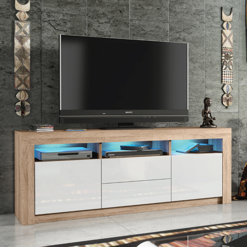Modern TV Unit with Spacious Storage Cabinet Stand and Free LED Lighting 160cm - Oak and White - Maximillian Hub