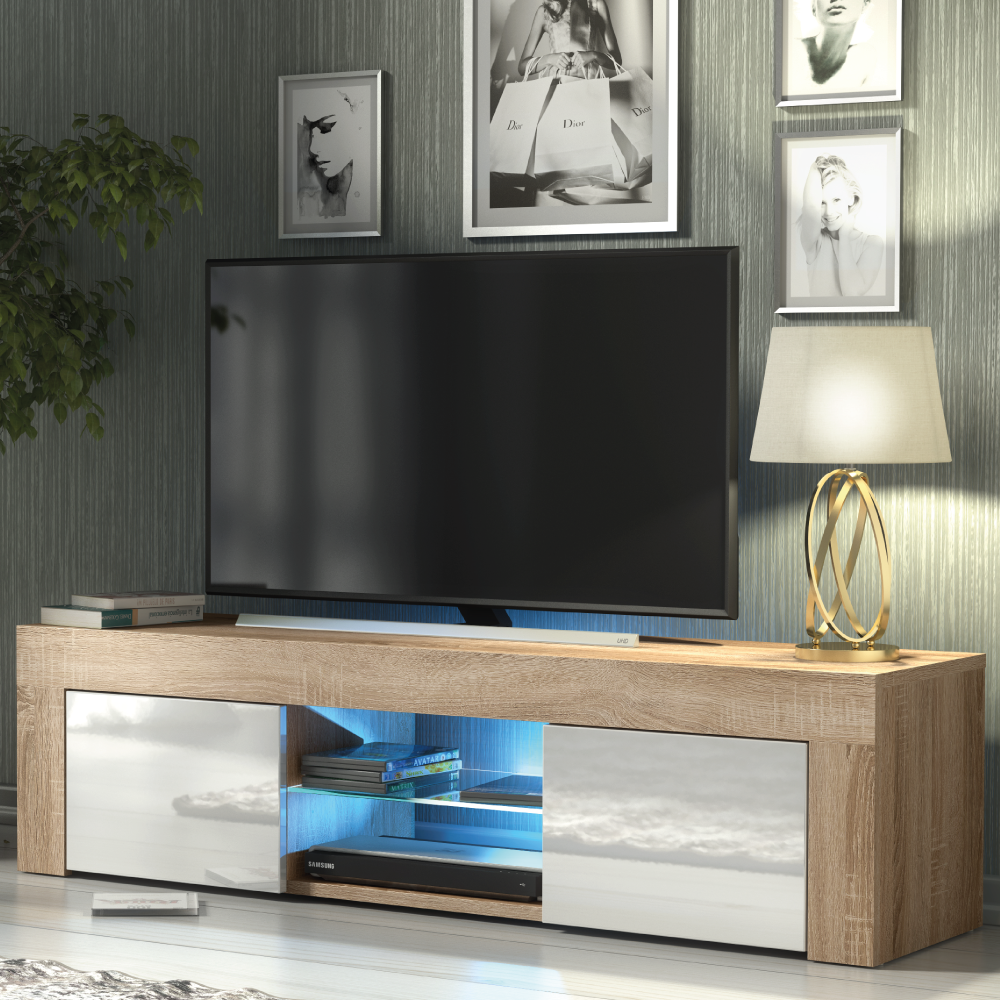 Modern TV Unit Cabinet Sideboard with Free LED Lighting 130cm - Oak and White - Maximillian Hub