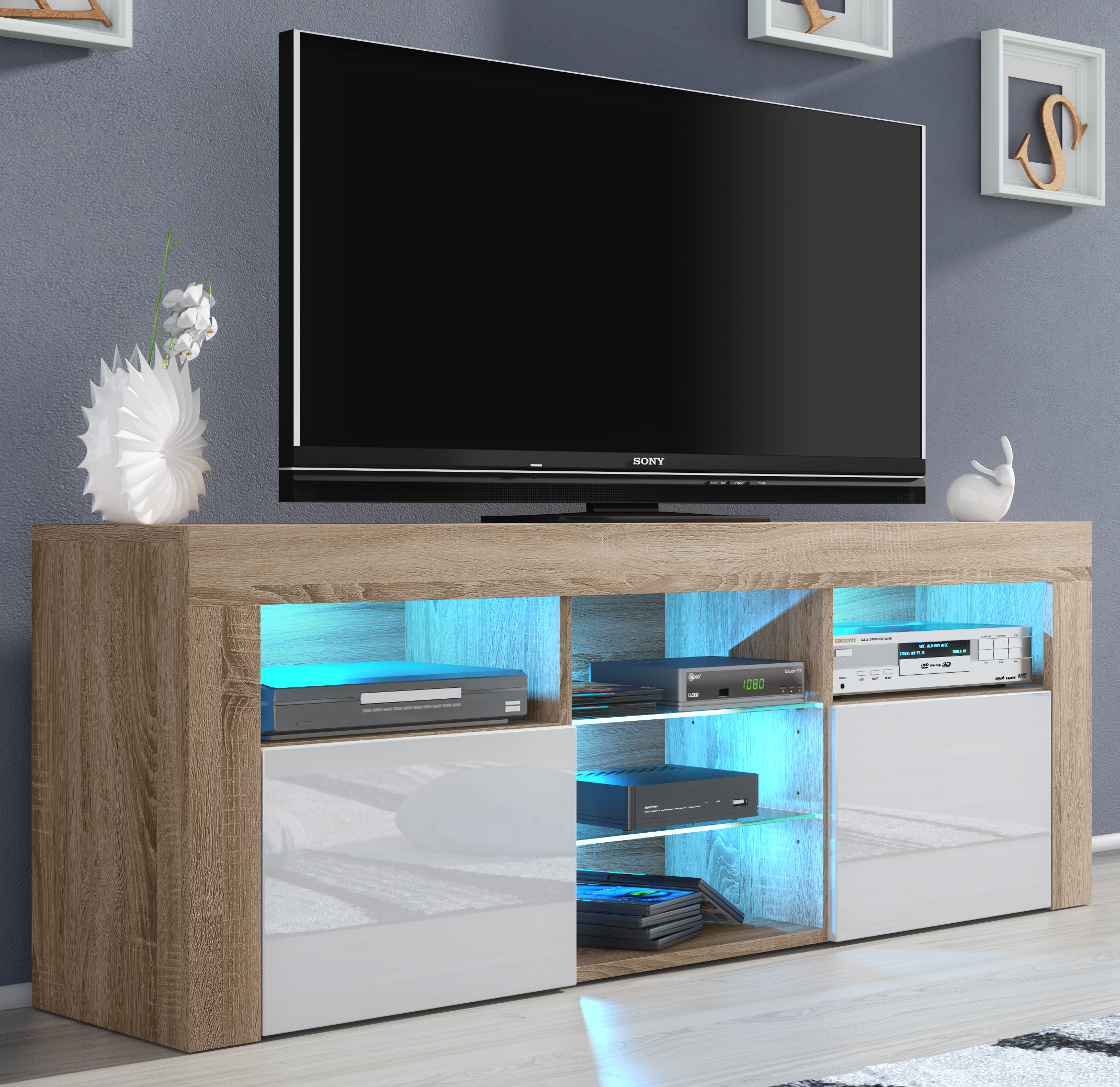 Modern TV Cabinet with Sideboard Storage and Free LED Lighting 145cm - Oak and White - Maximillian Hub