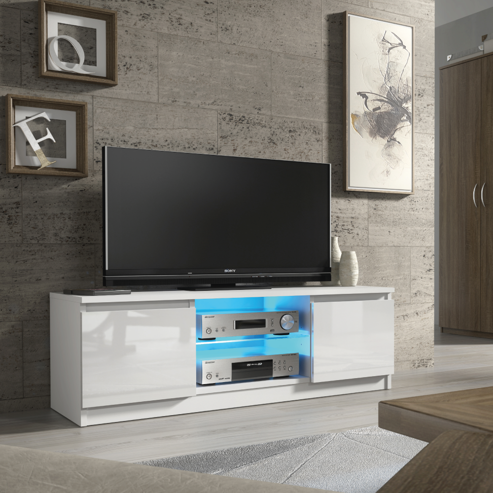 Stylish TV Unit and Sideboard Cabinet with Ample Storage and Free LED Lighting 120cm - White - Maximillian Hub