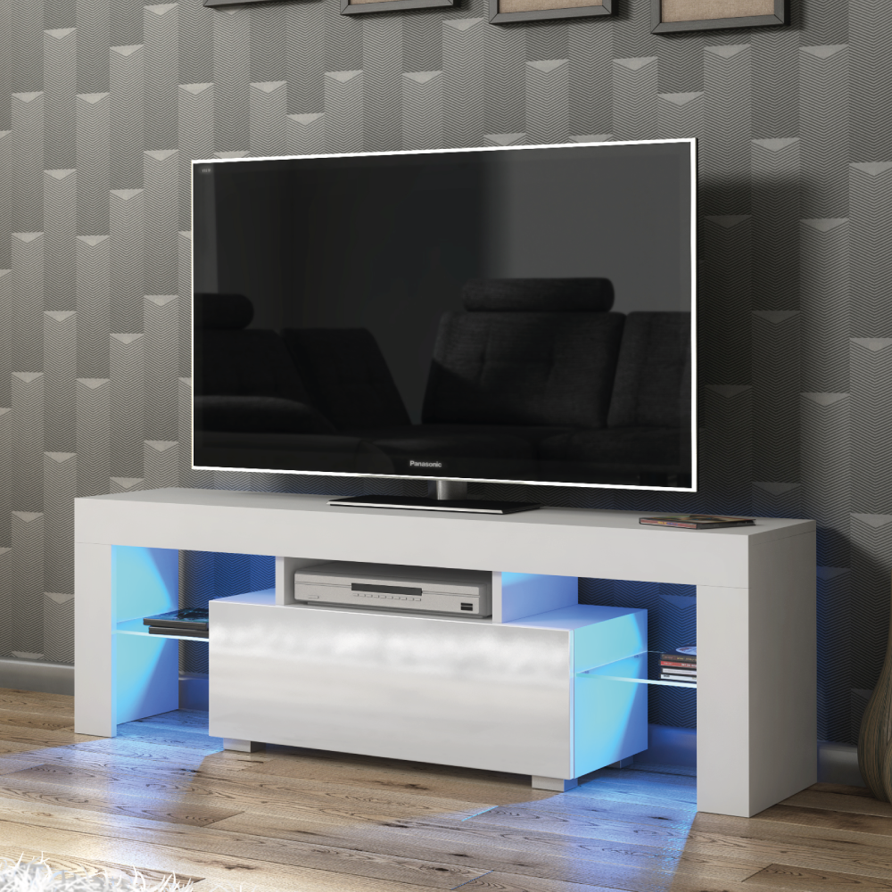 Modern TV Unit with Free LED Lighting and Ample Storage 130cm - White - Maximillian Hub