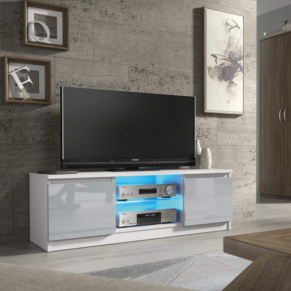 Stylish TV Unit and Sideboard Cabinet with Ample Storage and Free LED Lighting 120cm - White and Grey - Maximillian Hub