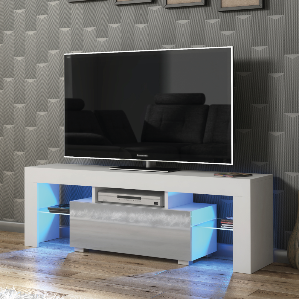 Modern TV Unit with Free LED Lighting and Ample Storage 130cm - White and Grey - Maximillian Hub