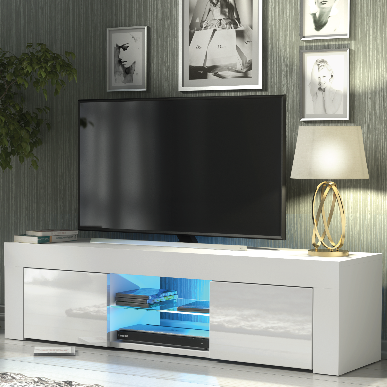 Modern TV Unit Cabinet Sideboard with Free LED Lighting 130cm - White - Maximillian Hub