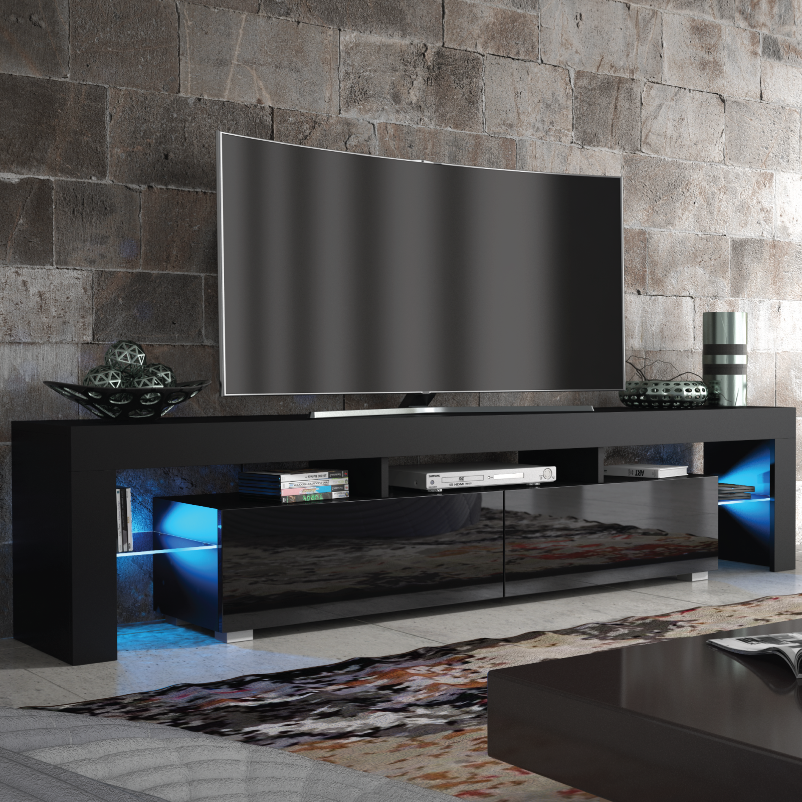 Modern TV Unit Cabinet Sideboard with Free LED Lighting and Ample Storage 200cm - Black - Maximillian Hub