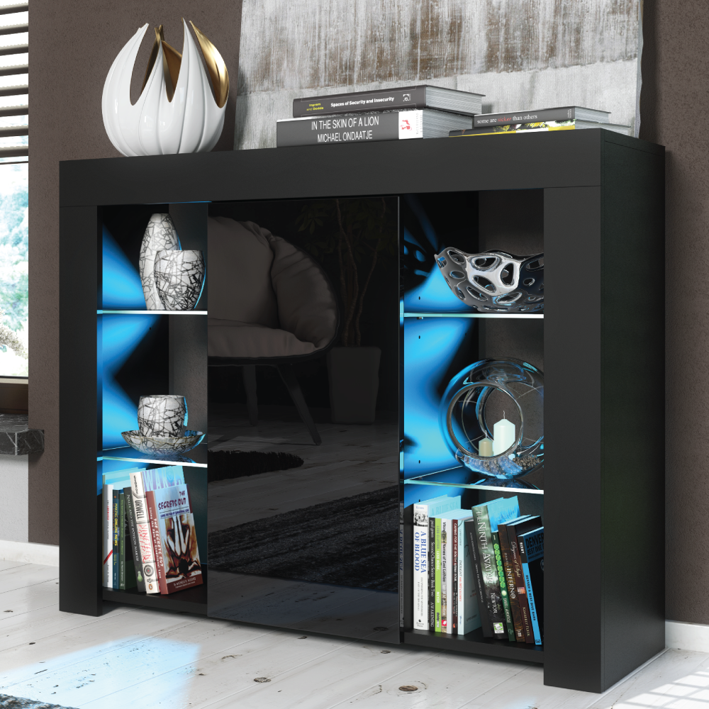 Modern Sideboard Display Cabinet and TV Stand with Storage and Free LED Lighting 97.5cm - Black - Maximillian Hub