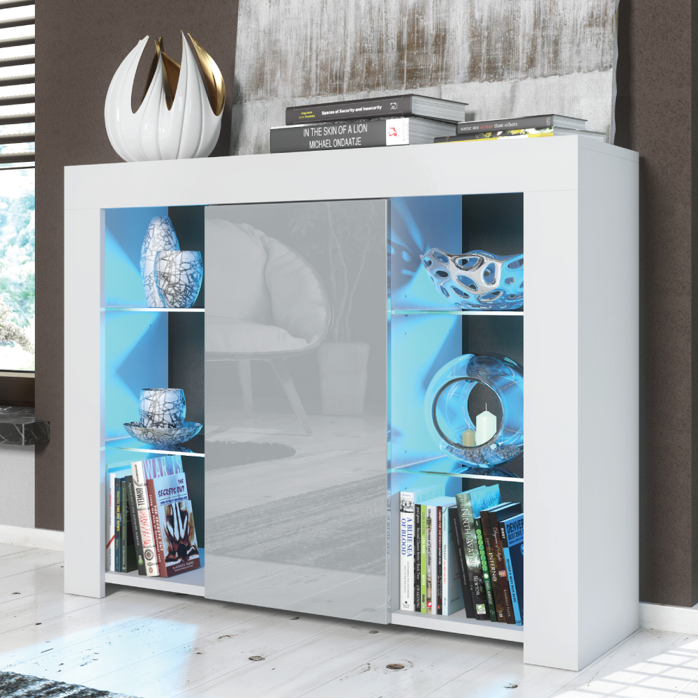 Modern Sideboard Display Cabinet and TV Stand with Storage and Free LED Lighting 97.5cm - White and Grey - Maximillian Hub