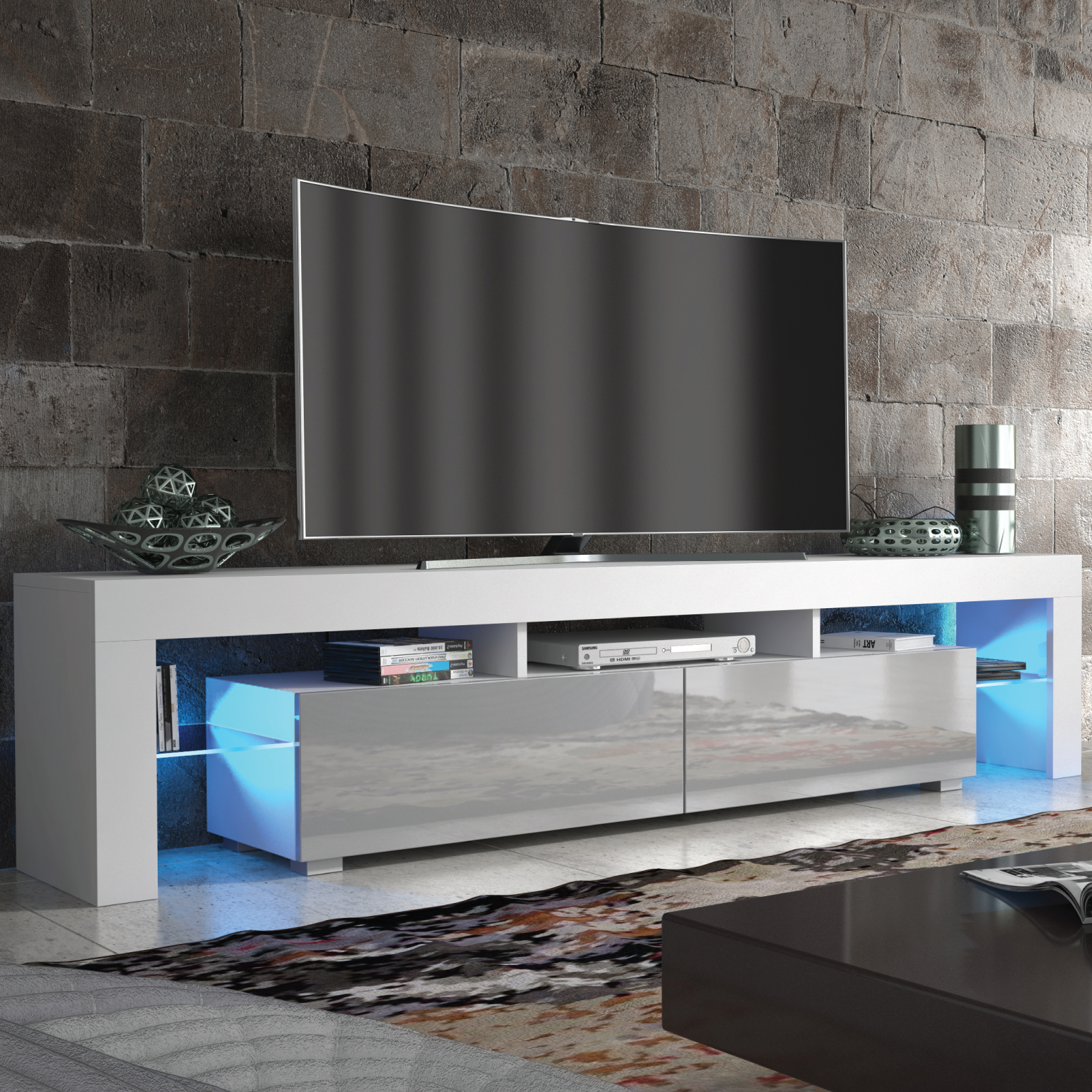 Modern TV Unit Cabinet Sideboard with Free LED Lighting and Ample Storage 200cm - White and Grey - Maximillian Hub