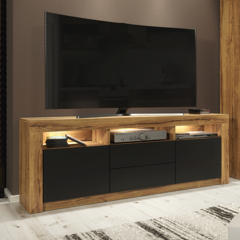 Modern TV Unit with Spacious Storage Cabinet Stand and Free LED Lighting 160cm - Oak and Black - Maximillian Hub
