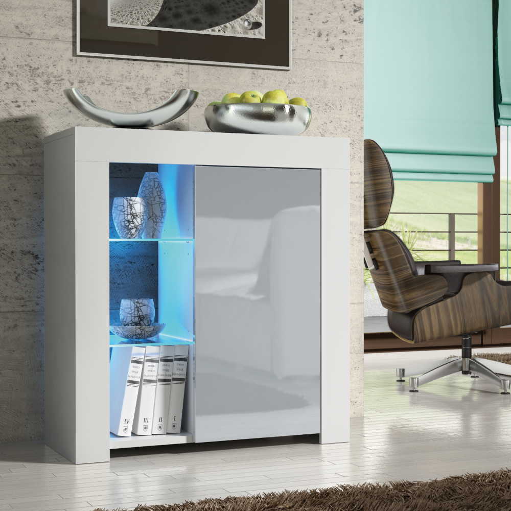 Modern TV Stand Sideboard Cabinet with Free LED Lighting 75cm - White and Grey - Maximillian Hub