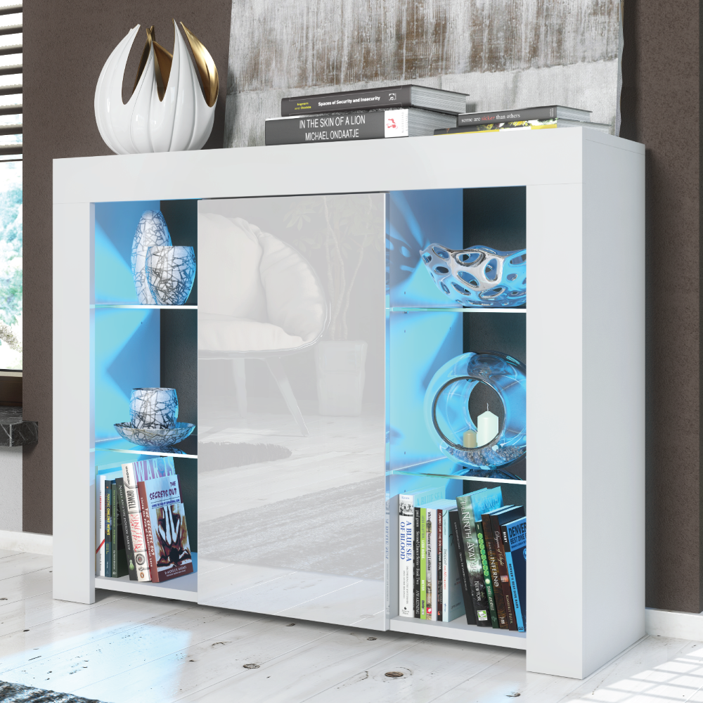 Modern Sideboard Display Cabinet and TV Stand with Storage and Free LED Lighting 97.5cm - White - Maximillian Hub