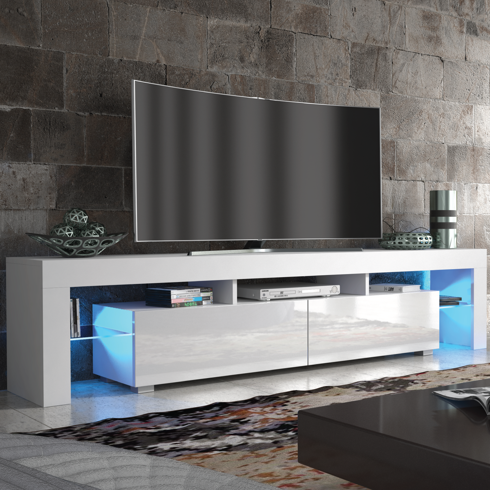 Modern TV Unit Cabinet Sideboard with Free LED Lighting and Ample Storage 200cm - White - Maximillian Hub