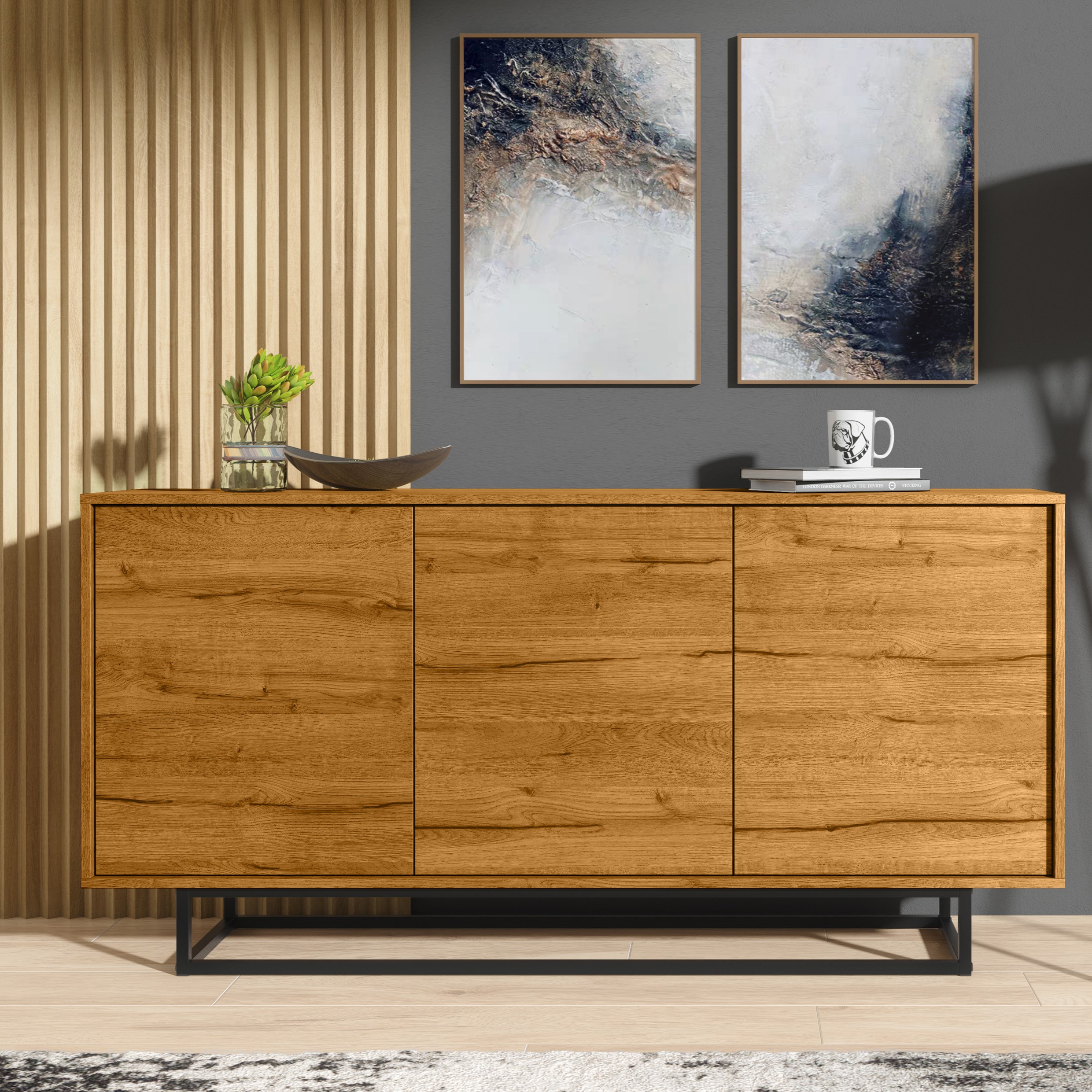 Retro Industrial Oak TV Unit Sideboard Cabinet with Vintage Design 160cm - Oak - Maximillian Hub